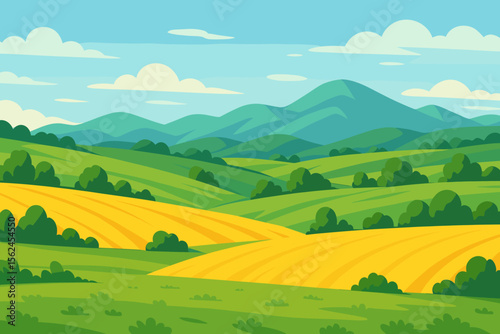 Vibrant summer landscape with rolling green hills, yellow meadows, farmland, distant mountains, blue sky, fluffy clouds, countryside nature, scenic rural fields, agriculture, panoramic view