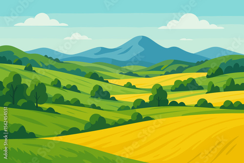 Vibrant summer landscape with rolling green hills, yellow meadows, lush fields, distant blue mountains, countryside scenery, rural farmland, scenic nature, trees, clouds, panoramic view