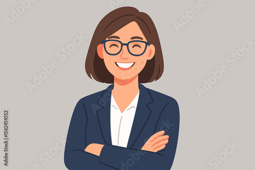 Confident professional businesswoman in suit with arms crossed, modern flat vector illustration. Female office worker, leadership, empowerment, corporate attire, isolated on neutral background