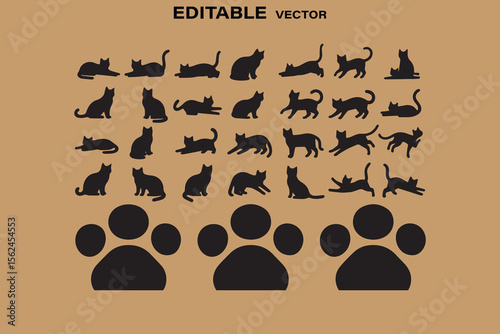 Collection of black cat silhouettes in various playful poses and three large paw prints on a tan background
