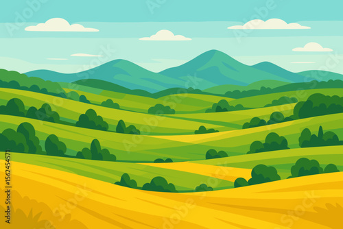 Summer Meadows and Fields with Rolling Hills and Distant Mountains, Green and Yellow Rural Landscape, Countryside Scenery, Nature Background, Agriculture, Farming, Sunny Day Illustration
