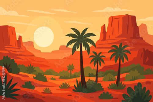 Vibrant sunrise desert landscape with red canyons, palm trees, lush vegetation, sandstone mesas, Wild West scenery, hot arid climate, dramatic red mountains, scenic natural beauty illustration