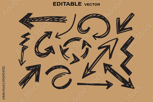 Collection of hand drawn black arrows and lightning bolts on a light brown background vector illustration