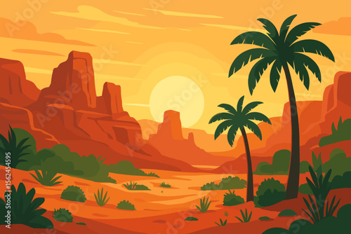 Vibrant sunrise desert landscape with dramatic red sandstone canyons, palm trees, lush green vegetation, Wild West scenery, hot arid climate, scenic mountains, nature illustration