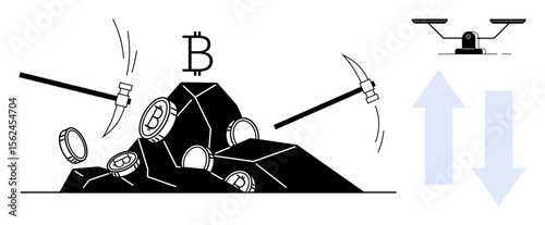 Bitcoin mining tools extracting digital coins from rocks alongside a balance scale and arrows. Ideal for concepts thumbs up cryptocurrency, blockchain, mining, financial analysis, balance