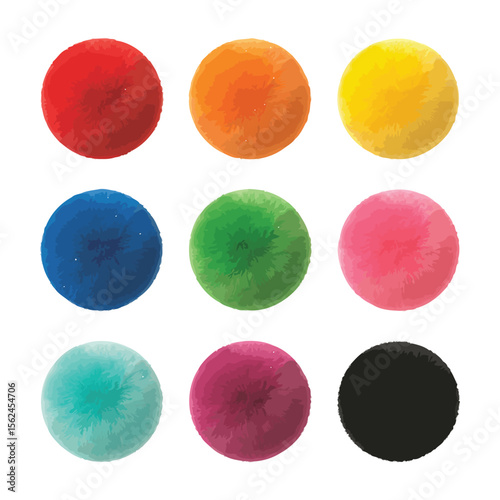 Collection of nine colorful watercolor circles on a white background