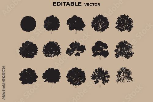 Collection of diverse black tree silhouettes with visible branches and foliage on a neutral background