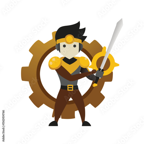 Clockwork swordsman with time gears and golden blade action Vector illustration