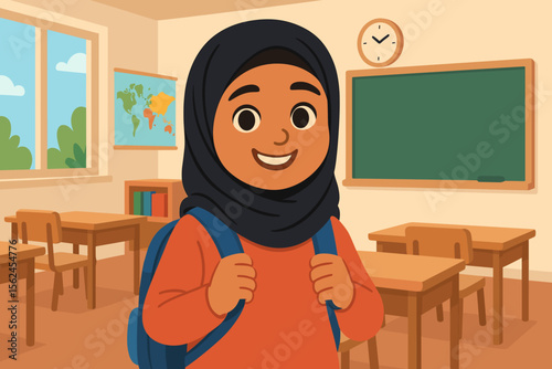 Happy Muslim girl in hijab with a backpack, smiling in a school classroom. Cute cartoon student character. Back to school concept for education, learning, and diversity. Vector.