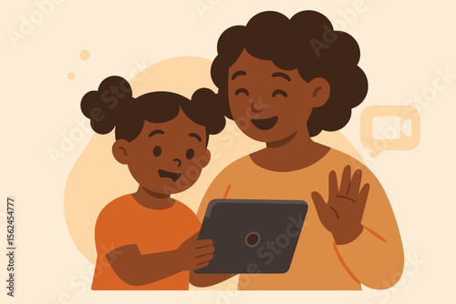 Happy mother and daughter video call using tablet, digital family communication, virtual connection, smiling African American parent and child, online chat concept