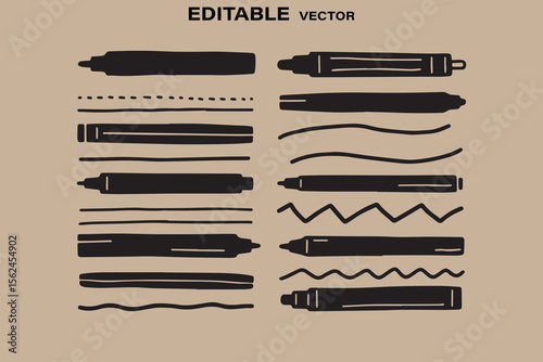 Collection of black marker pen silhouettes and hand drawn wavy dotted and straight line elements on a beige background