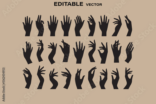 Collection of elegant black silhouette hands in various graceful poses against a neutral beige background