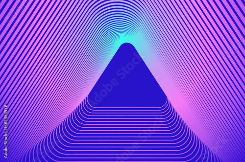 Triangle concentric line ripple pattern tech abstract background with neon vibrant colours. Technology, science and futuristic background with copy space.