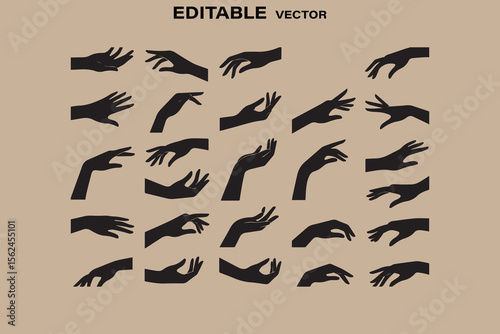Collection of elegant black hand silhouettes in various open and reaching gestures against a neutral background