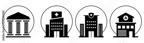 Law Office, Hospital, Police Station, Fire Station icon set illustration vector. Inside Circle