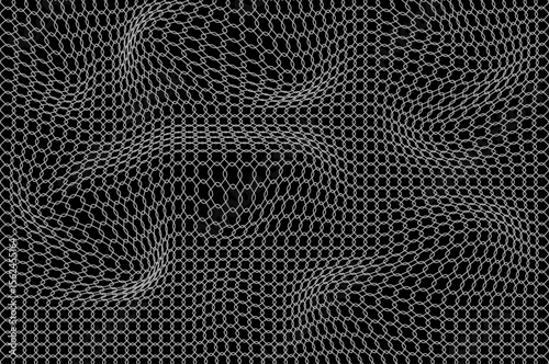 Distorted chain link ed effect black and white abstract background. Metal fence dent effect.