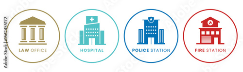 Law Office, Hospital, Police Station, Fire Station icon set illustration vector. Inside Circle