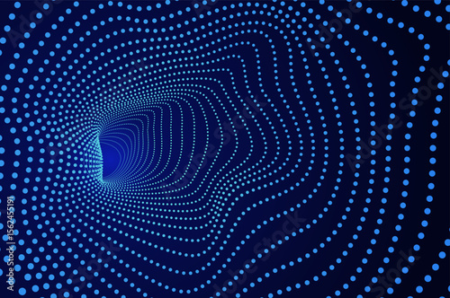 Tunnel 3d particle, molecule or atom wormhole abstract background. Big data hole sound wave effect distorted, future technology concept with copy space.
