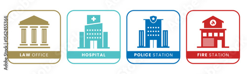 Law Office, Hospital, Police Station, Fire Station icon set illustration vector. Inside Square