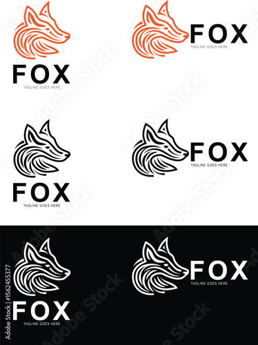 Stylized Fox Head Logo Design in Orange and Black Variations with Text