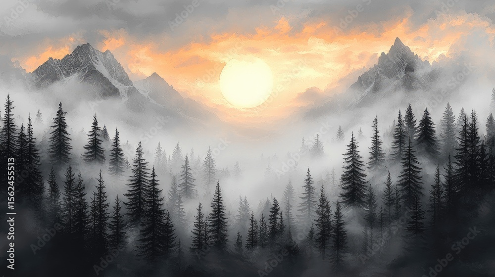 Obraz premium Misty mountain sunrise over a pine forest.