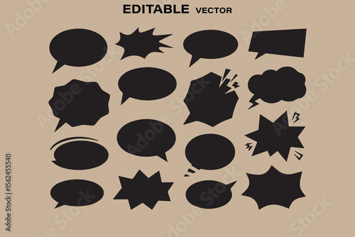 Collection of diverse black speech bubble silhouettes and comic book explosion shapes on a neutral background
