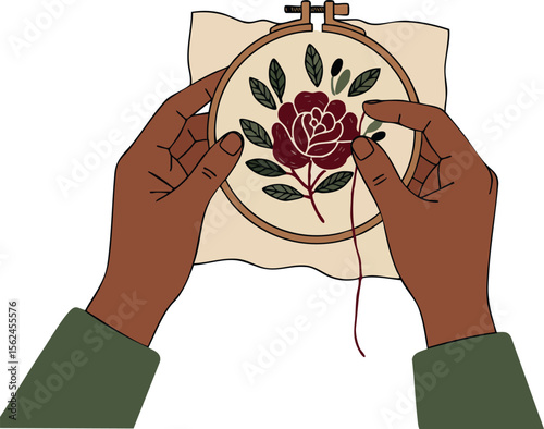 Hands Embroidering Rose Flower with Green Leaves on Fabric Hoop Vector Illustration 