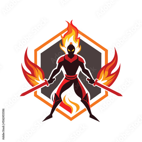 Flame dancer warrior with twin blades in fiery swirl move Vector illustration
