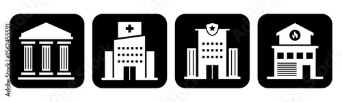 Law Office, Hospital, Police Station, Fire Station icon set illustration vector. Inside Square