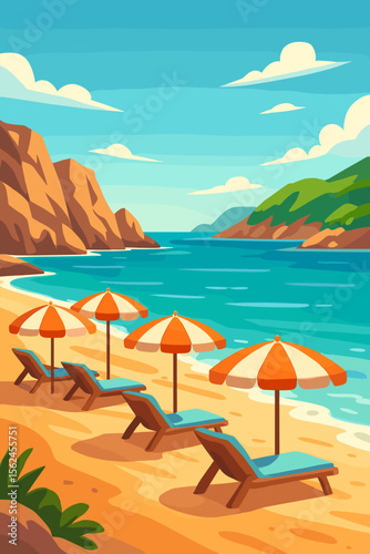 Summer beach landscape with umbrellas and deck chairs on a sandy coast. Vector illustration of a relaxing travel destination, tropical ocean bay with mountains and blue sky.