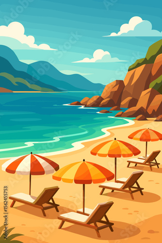 Beautiful beach with umbrellas and sun loungers on a stunning rocky coast. Vector illustration of a summer vacation landscape with mountains, sand, and serene sea or ocean. Modern flat design.