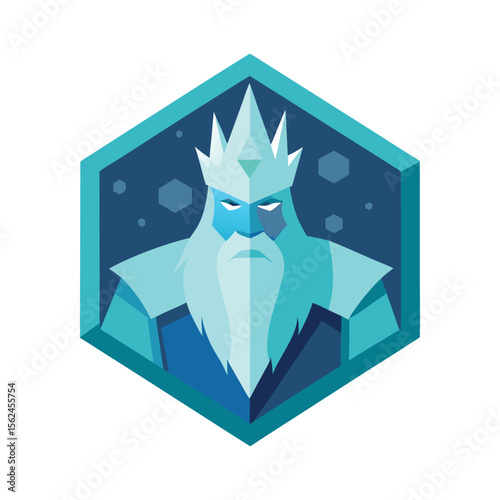 Frost king with crystal crown and icy cape blowing in wind Vector illustration