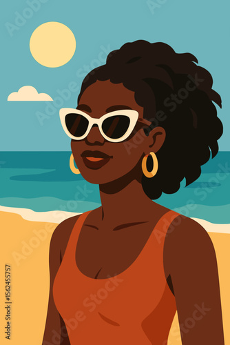Summer beach vacation concept with a beautiful black woman. Modern flat vector cartoon illustration. African American girl in sunglasses relaxing by the ocean. Seaside holiday.