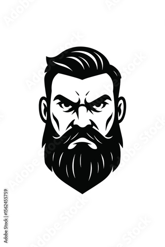 Bearded man logo vector illustration. Serious man face with mustache and haircut for barbershop emblem. Masculine head for sport team mascot, gym icon or cosmetic brand.