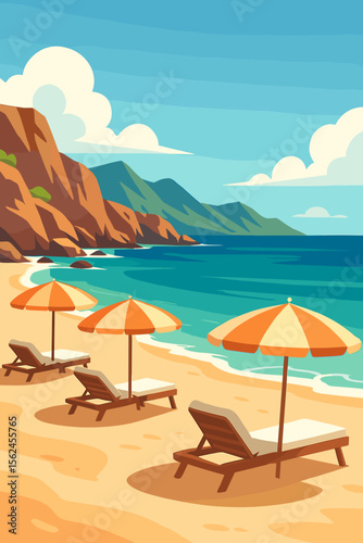 Summer vacation on a beautiful beach with umbrellas and sun loungers. Paradise seaside landscape with sandy coast, ocean waves and rocky mountains. Relaxing resort vector concept.