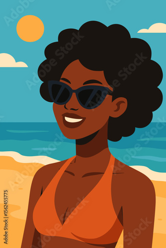 Beautiful black woman with afro hair on summer vacation at the beach. Happy African American girl in sunglasses and bikini enjoying a sunny day. Modern flat vector illustration.