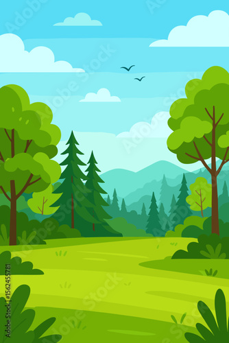 Beautiful summer landscape vector illustration. Cartoon nature scene with green meadow, forest, trees, mountains and blue sky with clouds. Peaceful park or woodland scenery background.