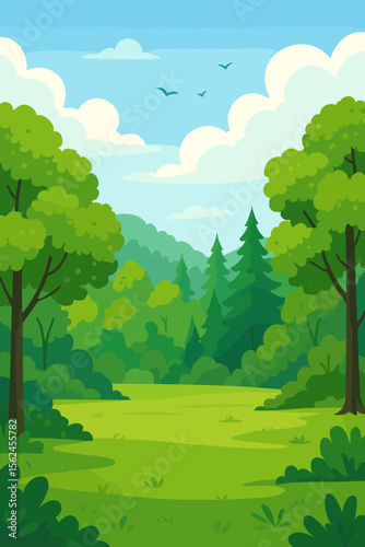 Beautiful summer landscape with forest clearing, green grass, trees and hills. Cartoon vector illustration of a park or woodland scene with a blue sky, clouds and flying birds. Nature background.