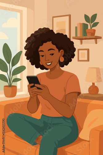 Young black woman relaxing on a cozy sofa at home, using a smartphone. Happy African American girl character chatting online. Digital lifestyle communication concept illustration.