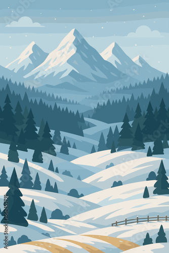 Winter landscape vector illustration with snowy mountains, pine forest, and hills. Peaceful nature scenery for Christmas or holiday background. Alpine panoramic view with falling snow.