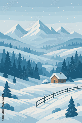 Winter landscape vector illustration. Snow covered mountains, pine forest, and cozy cabin in a valley. Scenic snowy rural scene with a house in the woods. Christmas holiday background.
