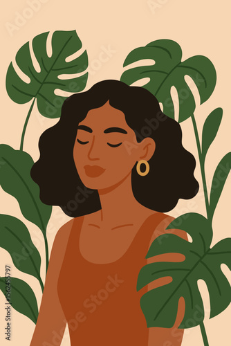 Serene black woman portrait with monstera leaves. Modern flat vector illustration. Concept of self-care, mindfulness, wellness, harmony with nature, and natural beauty. Botanical art.