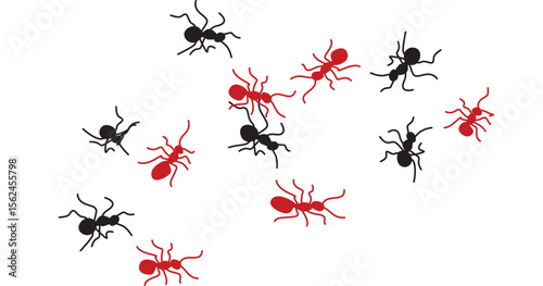 Red and black ants scattered on a white background – a simple and colorful illustration of ants, representing nature, teamwork, or insect life.

