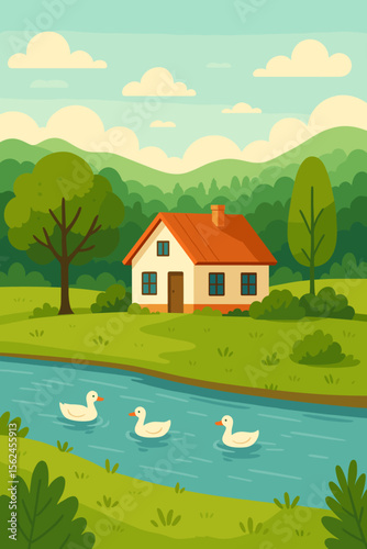 Rural landscape with a cozy house by the river. Idyllic countryside scene with summer nature background. Ducks swimming in a stream. Green hills, forest, trees. Village life vector illustration.