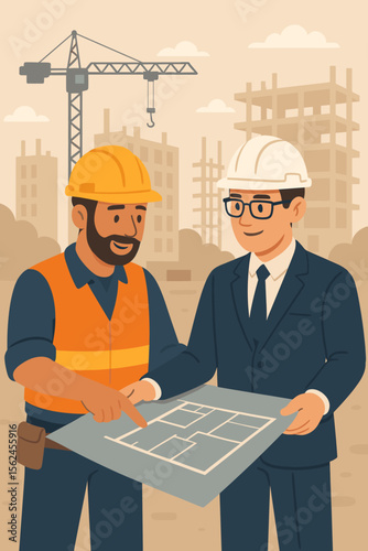 Architect and contractor discussing blueprint at a construction site. Engineer and worker planning a real estate development project. Teamwork concept. Modern flat vector cartoon.