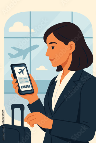 Business woman using smartphone for online check-in at airport terminal. Traveler with luggage checking flight e-ticket or mobile boarding pass. Business travel and technology concept.