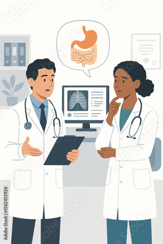 Two doctors discussing patient diagnosis. Gastroenterologist and colleague in medical consultation about digestive system. Healthcare teamwork with x-ray. Flat vector illustration.