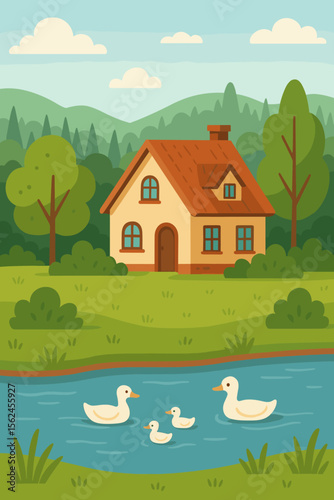 Scenic countryside landscape with a cozy house on the river bank. A family of ducks with ducklings swimming in the pond. Idyllic rural village scene with forest and hills. Summer vector.