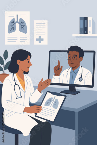 Doctor having online consultation with specialist on computer. Telemedicine, virtual medical appointment. Pulmonologist discussing lung x-ray for diagnosis. Healthcare technology vector.