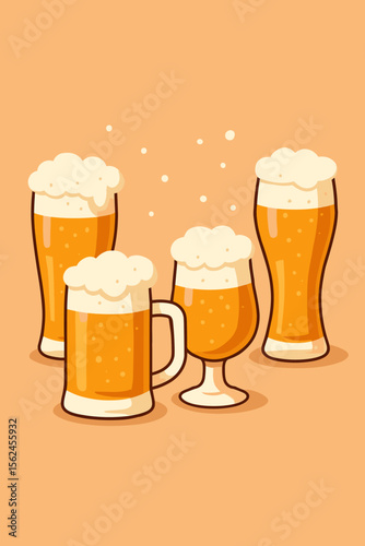 Set of beer glasses with frothy ale. Collection of mugs with light lager or draught beer. Modern flat vector cartoon illustration. Concept for pub menu, brewery, bar, Oktoberfest.
